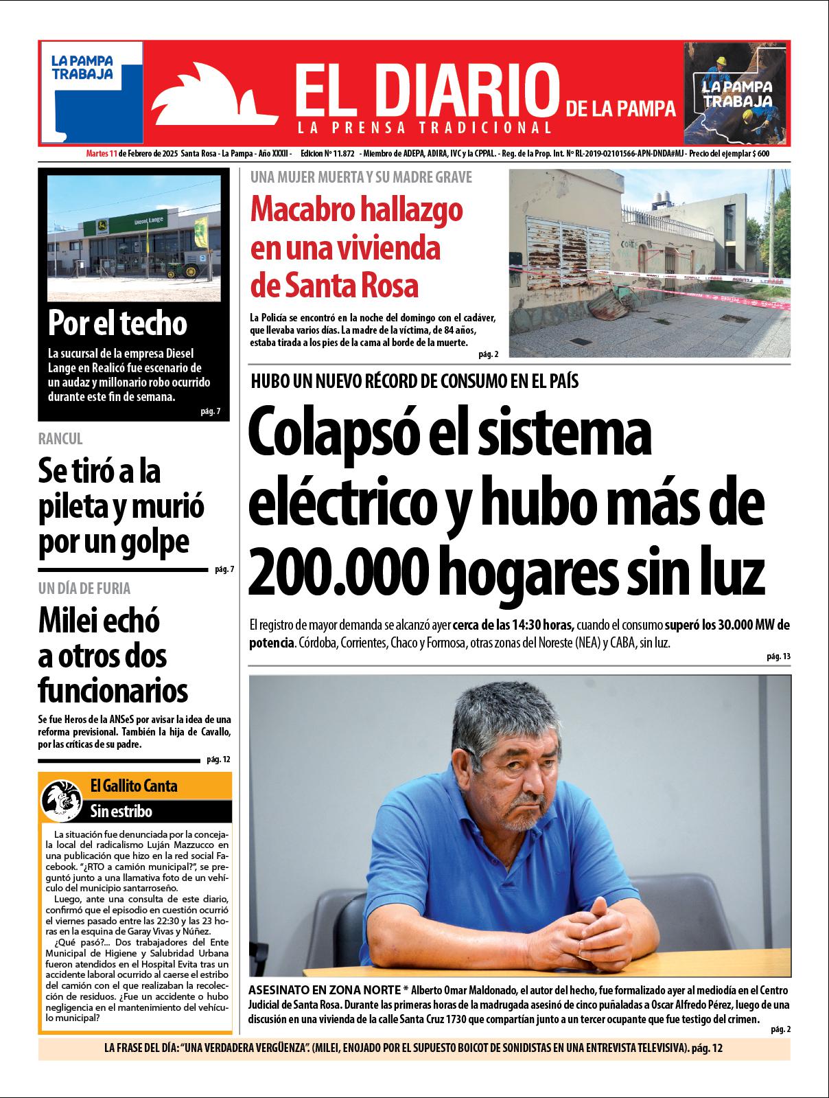 Tapa de El Diario en papel  martes 11 de febrero de 2025